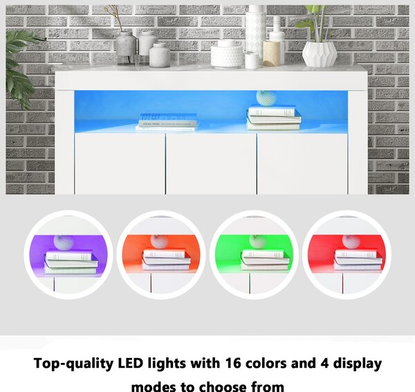 Modern Sideboard Cabinet with LED Lights, High Gloss Design, 3-Door Remote Control Kitchen Unit for Home Decor, 130x35x95 cm, White Aosom.UK