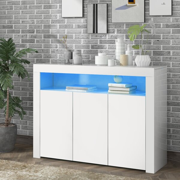Modern Sideboard Cabinet with LED Lights, High Gloss Design, 3-Door Remote Control Kitchen Unit for Home Decor, 130x35x95 cm, White Aosom.UK