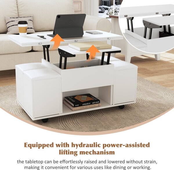 Child-Friendly Lift-Up Coffee Table with Hydraulic Mechanism, Hidden Storage, Adjustable Height, Modern Sofa Table for Living Room, White Aosom UK