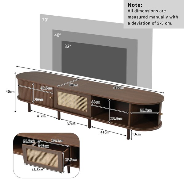 Oval TV Unit with Rattan Drawer and 2 Sliding Doors, Rounded Corner Sideboard,TV Stand Suitable for 70-inch TV, 180L x 40W x 40H cm, Oak Aosom UK