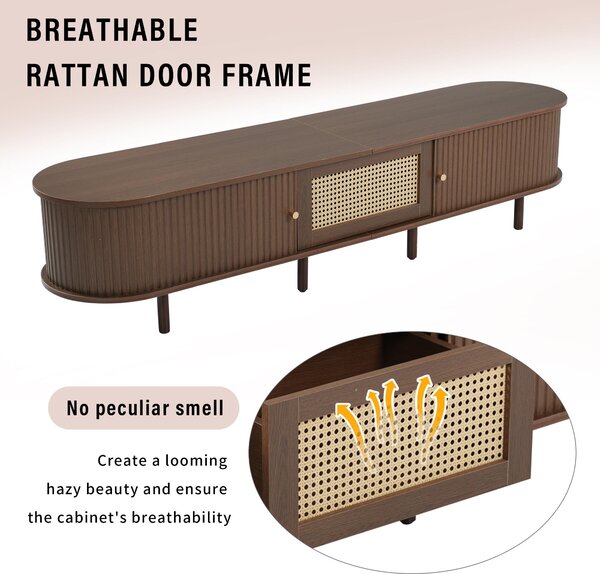 Oval TV Unit with Rattan Drawer and 2 Sliding Doors, Rounded Corner Sideboard,TV Stand Suitable for 70-inch TV, 180L x 40W x 40H cm, Oak Aosom UK