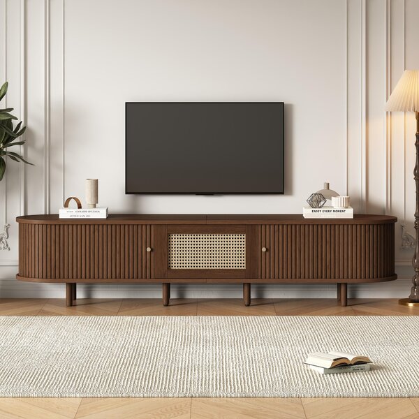 Oval TV Unit with Rattan Drawer and 2 Sliding Doors, Rounded Corner Sideboard,TV Stand Suitable for 70-inch TV, 180L x 40W x 40H cm, Oak Aosom UK