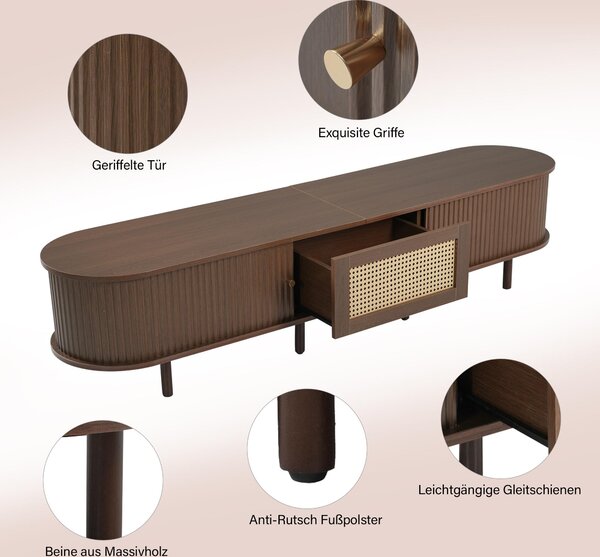 Oval TV Unit with Rattan Drawer and 2 Sliding Doors, Rounded Corner Sideboard,TV Stand Suitable for 70-inch TV, 180L x 40W x 40H cm, Oak Aosom UK