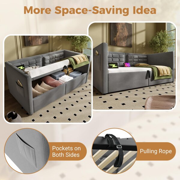 3ft Single Sofa Bed with Hydraulic Under-bed Storage and Side Pockets, Daybed with Type-C Charging Station, 205L x 106W x 75H cm, Grey Aosom UK