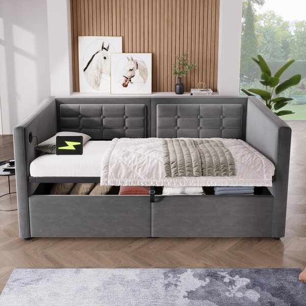 3ft Single Sofa Bed with Hydraulic Under-bed Storage and Side Pockets, Daybed with Type-C Charging Station, 205L x 106W x 75H cm, Grey Aosom UK