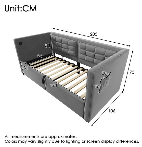 3ft Single Sofa Bed with Hydraulic Under-bed Storage and Side Pockets, Daybed with Type-C Charging Station, 205L x 106W x 75H cm, Grey Aosom UK