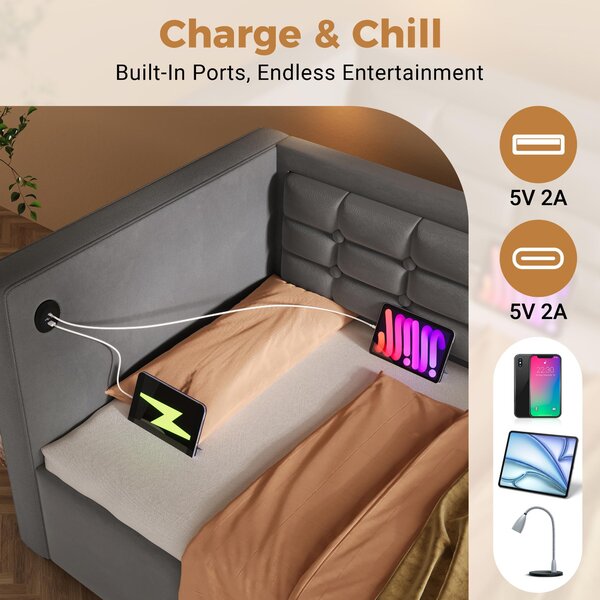 3ft Single Sofa Bed with Hydraulic Under-bed Storage and Side Pockets, Daybed with Type-C Charging Station, 205L x 106W x 75H cm, Grey Aosom UK