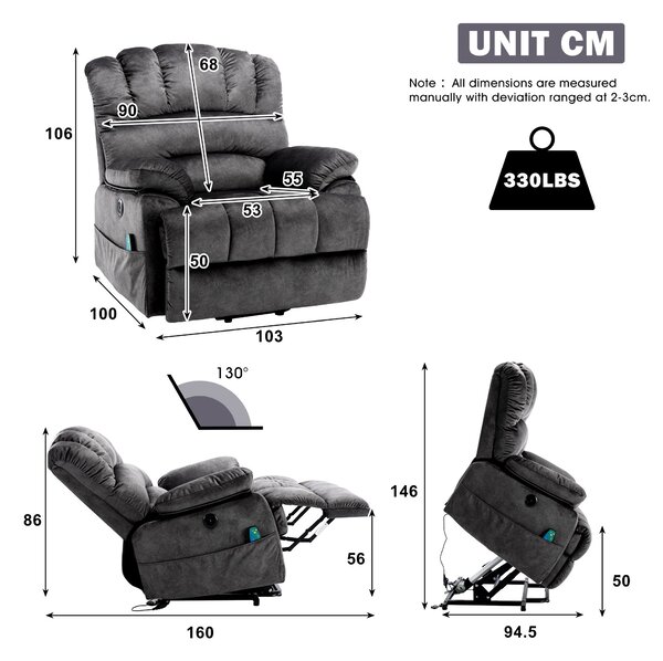 Electric Power Lift Recliner Chair with Heating Massage Points, Vibration, USB Ports and Side Pockets for Elderly, 103x100x106 cm, Grey Aosom UK