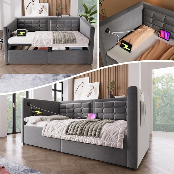 3ft Single Sofa Bed with Hydraulic Under-bed Storage and Side Pockets, Daybed with Type-C Charging Station, 205L x 106W x 75H cm, Grey Aosom UK