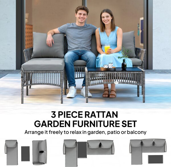 Outsunny 3 Piece Rattan Garden Furniture Corner Sofa Set with Chaise Lounge, Loveseat, Glass Coffee Table, Cushions, Dark Grey