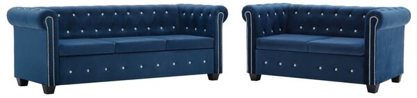 Chesterfield Sofa Set 2 Pieces Velvet Upholstery Blue