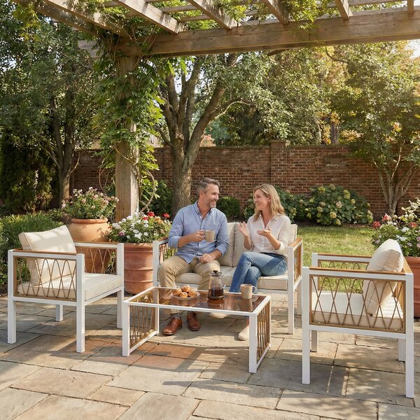Outsunny 4 Piece Rattan Garden Furniture Set with Loveseat, 2 Armchairs, Table, Metal Frame Patio Conversation Set, Cream White