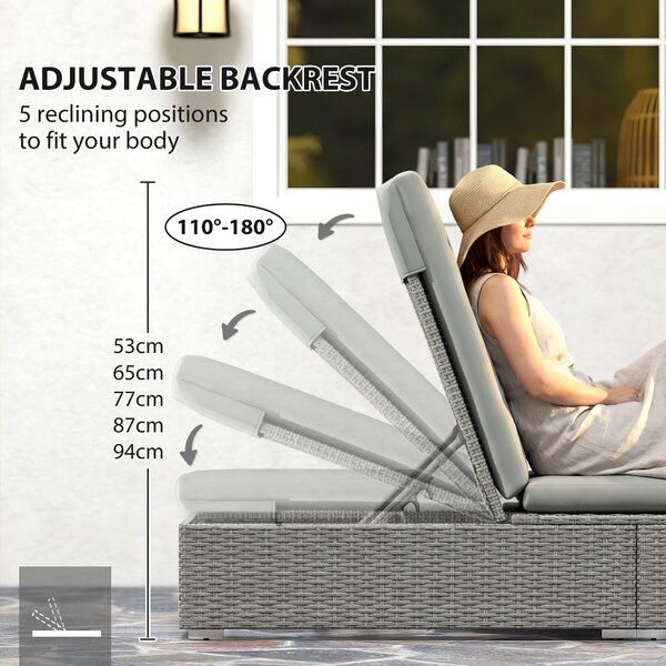 Outsunny Rattan Sun Lounger, Five-Position Reclining Garden Lounger Bed with Cushion, Light Grey