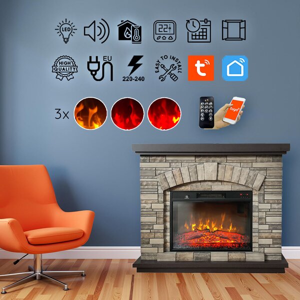Electric Fireplace ElectricSun AMBAR Stone Free Standing Electric Fires, with Sound Effect, 3 Colour, with APP, W107xH90cm