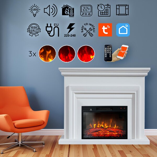 Free Standing Electric Fires ElectricSun SONIA White, with Sound Effect, 3 Colour, with APP, W120xH102cm
