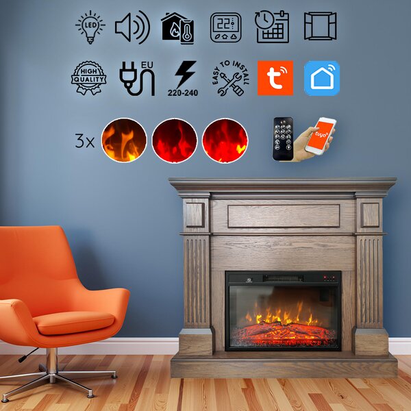 Electric Fireplace ElectricSun TUX Antik Oak Free Standing Electric Fires, with Sound Effect, 3 Colour, with APP, L110xH102cm