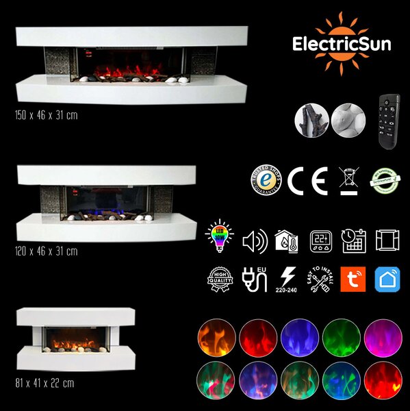 Wall Mounted Electric Fires ElectricSun Paula Medium White Modern Electric Fireplace, with Sound Effect, 10 Colour, with APP, W120xH46x31cm