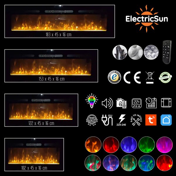 Wall Mounted Electric Fires, Free Standing, Incorporated ElectricSun Paula Glass BIG Black, with Sound Effect, 10 Colour, with APP, L183xH45x16cm