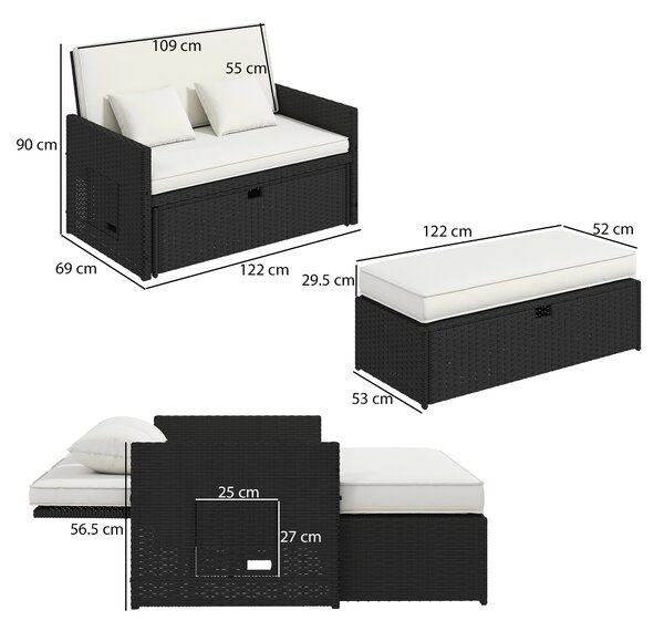 Outsunny Rattan Garden Daybed, Assembled Double Sun Lounger with 5-Level Adjustable Back, Storage Ottoman, Cream White
