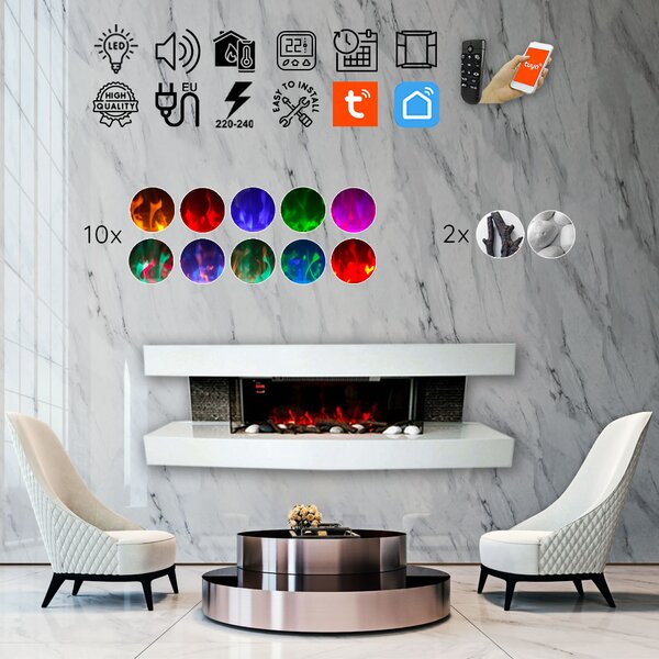 Wall Mounted Electric Fires ElectricSun Paula BIG White Electric Fire, with Sound Effect, 10 Colour, with APP, W150xH46x31cm