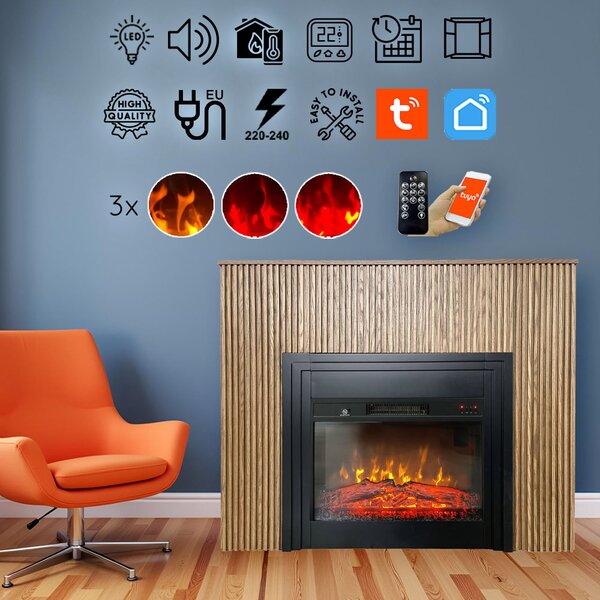 Free Standing Electric Fires with decorative slats ElectricSun LAMELIA Light oak, with Sound Effect, 3 Colour, with APP, W120xH102cm