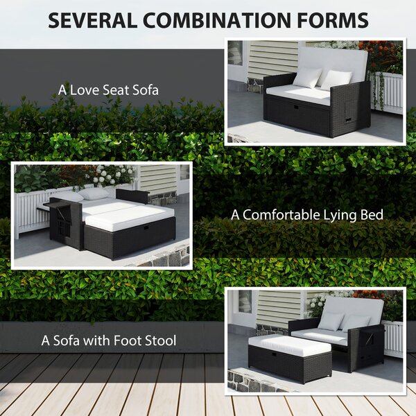 Outsunny Rattan Garden Daybed, Assembled Double Sun Lounger with 5-Level Adjustable Back, Storage Ottoman, Cream White