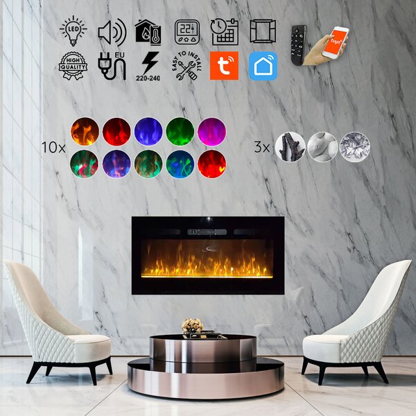 Wall Mounted Electric Fires, Free Standing, Incorporated ElectricSun Paula Glass XS Black, 10 Colour, with Sound Effect, with APP, L102xH45x16cm