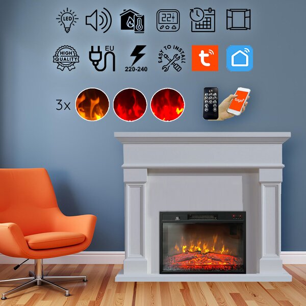 Free Standing Electric Fires ElectricSun Marisa White, with Sound Effect, 3 Colour, with APP, W120xH102cm