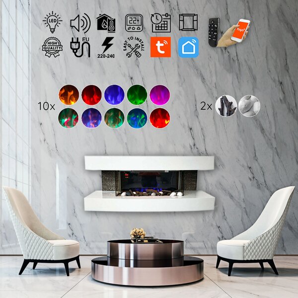 Wall Mounted Electric Fires ElectricSun Paula Medium White Modern Electric Fireplace, with Sound Effect, 10 Colour, with APP, W120xH46x31cm