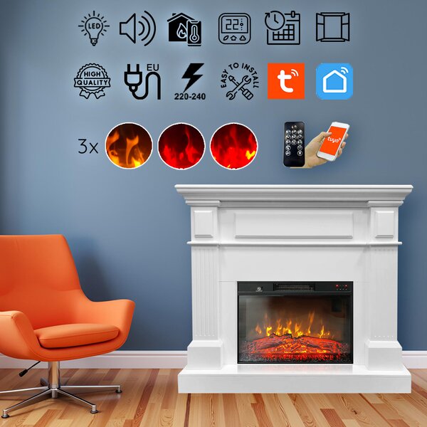 TUX White Electric Fireplace ElectricSun Free Standing Electric Fires, with Sound Effect, 3 Colour, with APP, L110xH102cm