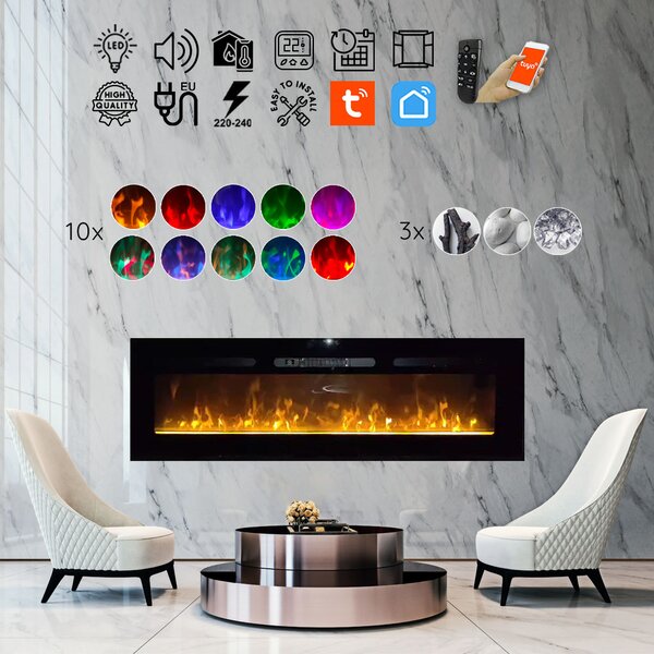 Wall Mounted Electric Fires, Free Standing, Incorporated ElectricSun Paula Glass Medium Black, 10 Colour, with Sound Effect, with APP, L153xH45x16cm