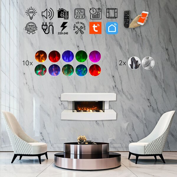 Wall Mounted Electric Fires ElectricSun Paula Small White Electric Fireplace, with Sound Effect, 10 Colour, with APP, W81xH41x22cm
