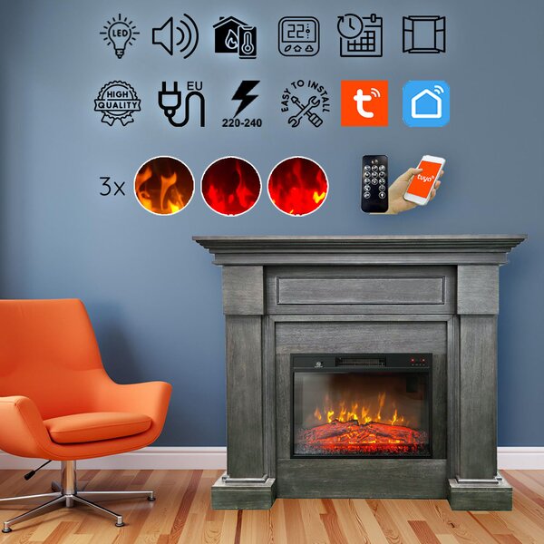 Free Standing Electric Fires ElectricSun MONTENEGRO Gray, with Sound Effect, 3 Colour, with APP, W127xH107cm