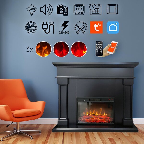 Free Standing Electric Fires ElectricSun Marisa Black Matte, with Sound Effect, 3 Colour, with APP, W120xH102cm
