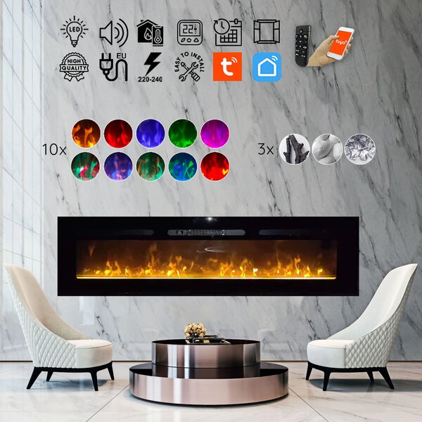 Wall Mounted Electric Fires, Free Standing, Incorporated ElectricSun Paula Glass BIG Black, with Sound Effect, 10 Colour, with APP, L183xH45x16cm
