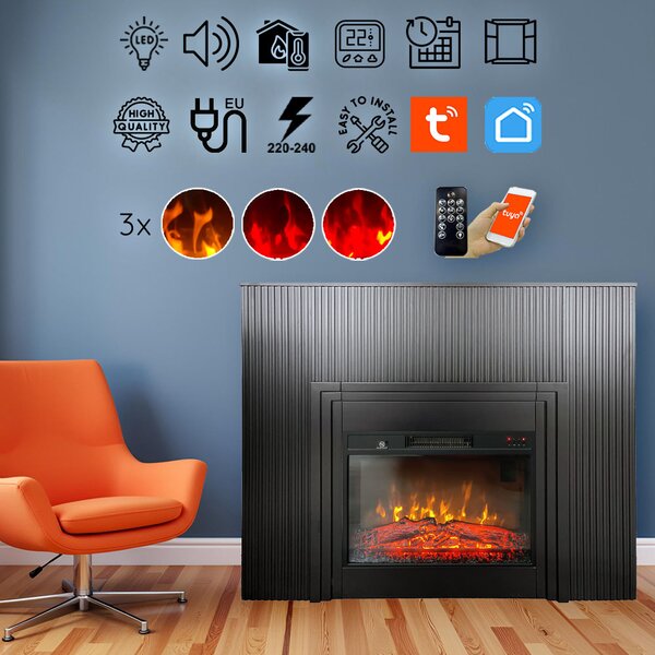 Free Standing Electric Fires with decorative slats ElectricSun LAMELIA Black Matte, with Sound Effect, 3 Colour, with APP, W120xH102cm