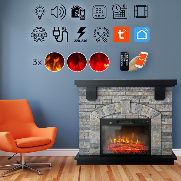 Electric fireplace ElectricSun GREYSTONE free standing electric fires, with Sound Effect, 3 Colour, with APP, W115xH102cm