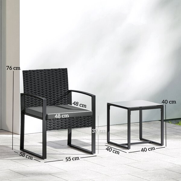 Outsunny Rattan Bistro Set, 3 Piece Garden Furniture Set with Glass Top Table and Cushions, Dark Grey