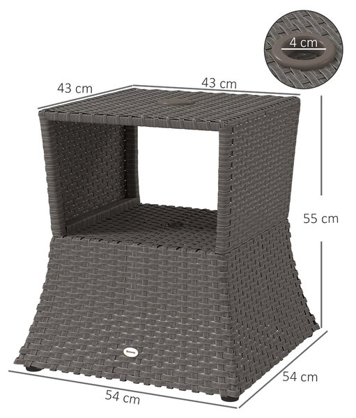 Outsunny Rattan Outdoor Coffee Table, Wicker Garden Patio Bistro Side Table with Umbrella Hole and Storage Space, Dark Grey