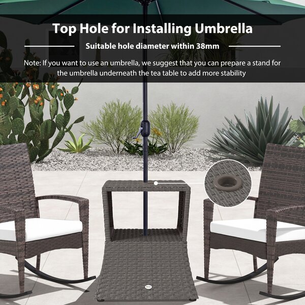 Outsunny Rattan Outdoor Coffee Table, Wicker Garden Patio Bistro Side Table with Umbrella Hole and Storage Space, Dark Grey