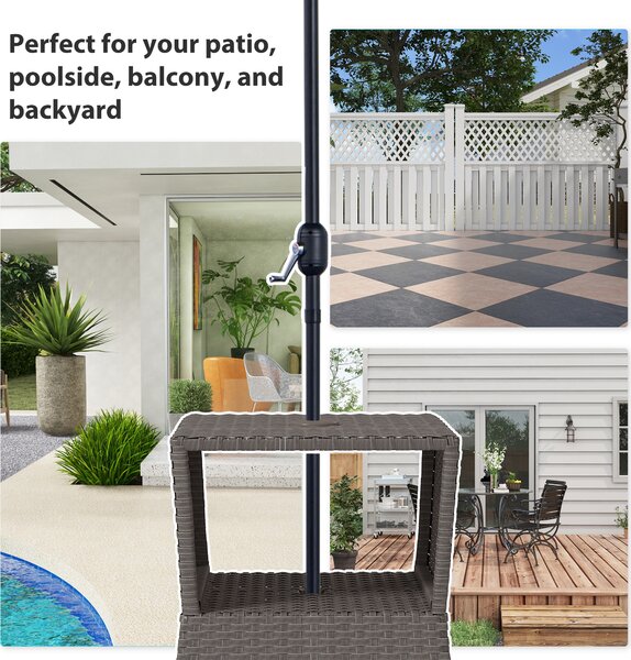Outsunny Rattan Outdoor Coffee Table, Wicker Garden Patio Bistro Side Table with Umbrella Hole and Storage Space, Dark Grey