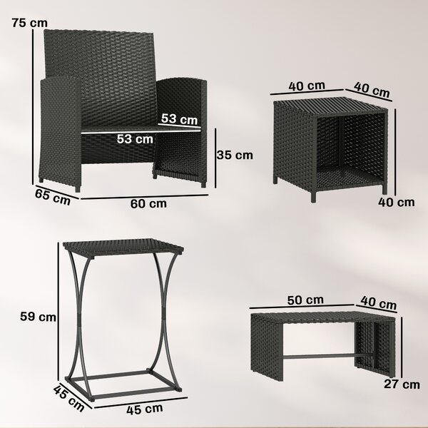 Outsunny 6 Piece Rattan Garden Furniture, Space-Saving Patio Furniture Set with Nesting Tables, Chairs, Stools, Cushions, Black