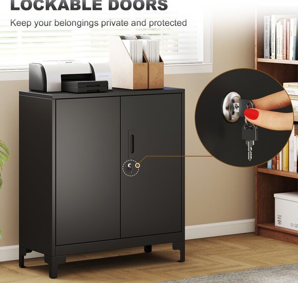 HOMCOM Lockable Metal Filing Cabinet, 2-Tier Storage Cupboard with Double Doors, Modern Office Organiser, Black