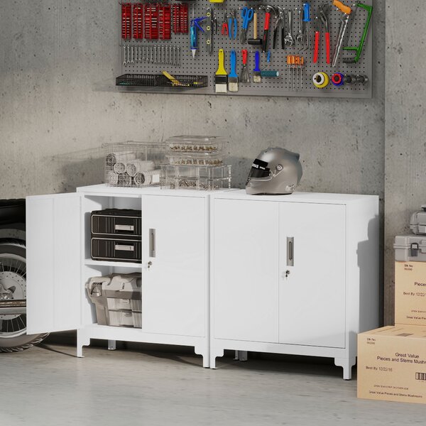 HOMCOM Lockable Metal Filing Cabinet, 2-Tier Storage Cupboard with Double Doors, Modern Office Organiser, White