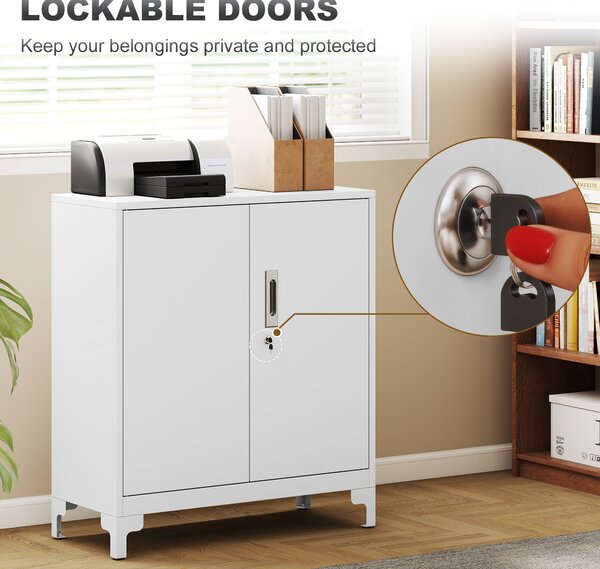 HOMCOM Lockable Metal Filing Cabinet, 2-Tier Storage Cupboard with Double Doors, Modern Office Organiser, White