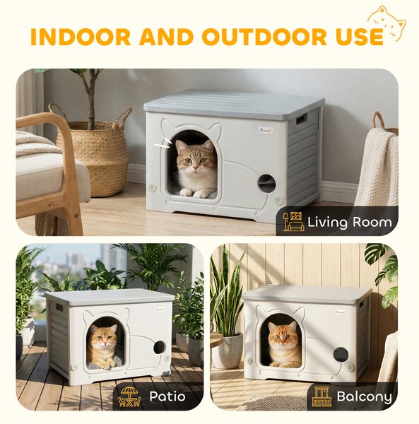 PawHut Cat House Stackable Pet Shelter with Removable Cushion for Indoor Outdoor Use Grey
