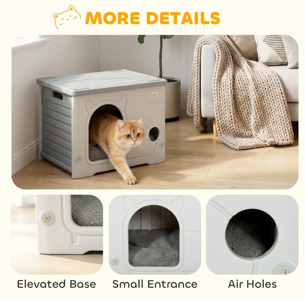 PawHut Cat House Stackable Pet Shelter with Removable Cushion for Indoor Outdoor Use Grey