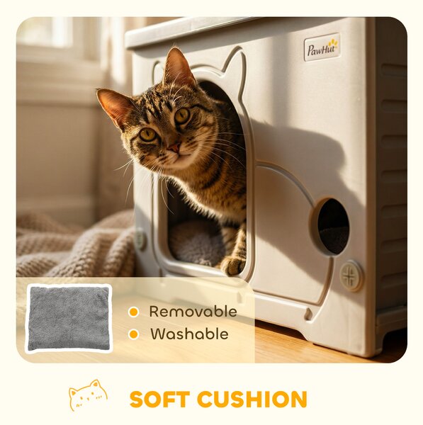 PawHut Cat House Stackable Pet Shelter with Removable Cushion for Indoor Outdoor Use Grey