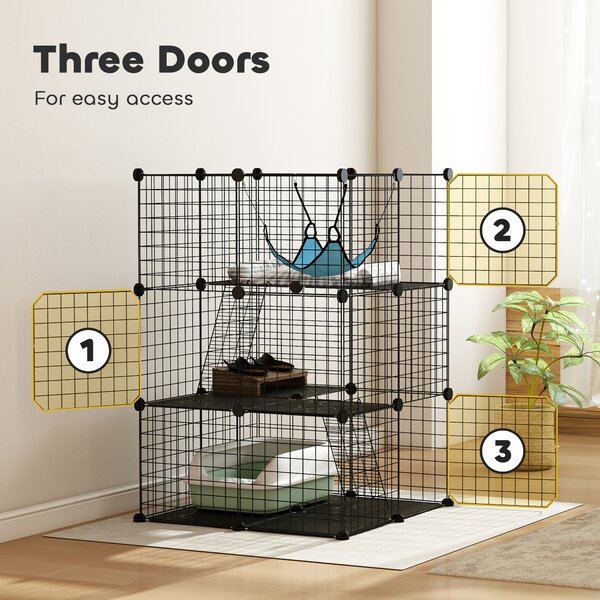 PawHut Indoor Cat Cage DIY Customizable 3-Tier Indoor Cat Enclosure with 3 Doors and Hammock 105 cm Black