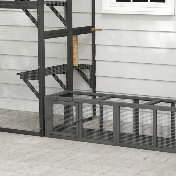 PawHut Outdoor Cat Tunnel, Wooden Play Cat Enclosure, Extendable Pet Run with 3 Doors, for Indoor and Outdoor Use, Grey